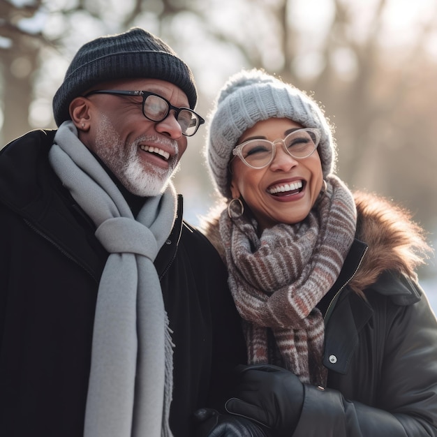Un vieux couple interracial aimant profite d'une journée d'hiver romantique
