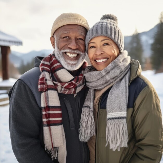Photo un vieux couple interracial aimant profite d'une journée d'hiver romantique