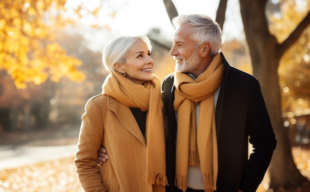 Vieux couple marchant dehors en automne