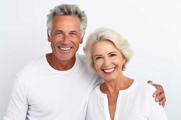 Un vieux couple moderne sur fond blanc avec un visage souriant