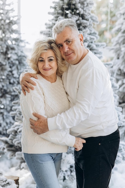 Vieux couple près de sapin de Noël