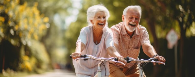 Un vieux couple de retraités actifs fait du vélo dans un parc avec une bannière de mode de vie sain.