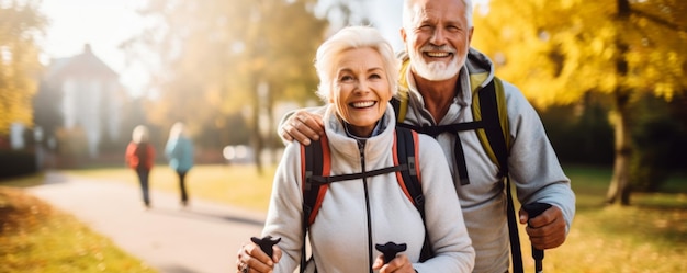 Un vieux couple de retraités actifs se promène dans le parc avec une bannière de style de vie sain.