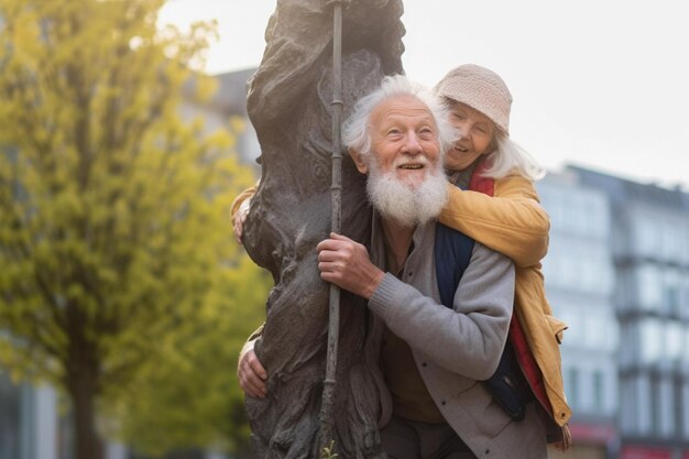 Un vieux couple s'amusant dans une ville.