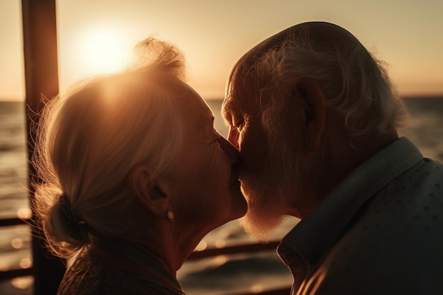 Un vieux couple s'embrassant devant un coucher de soleil