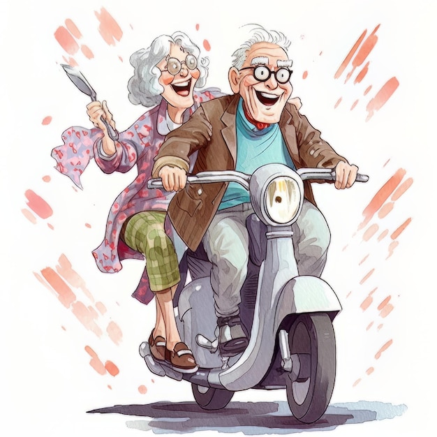 Un vieux couple sur un scooter avec une femme à l'arrière.