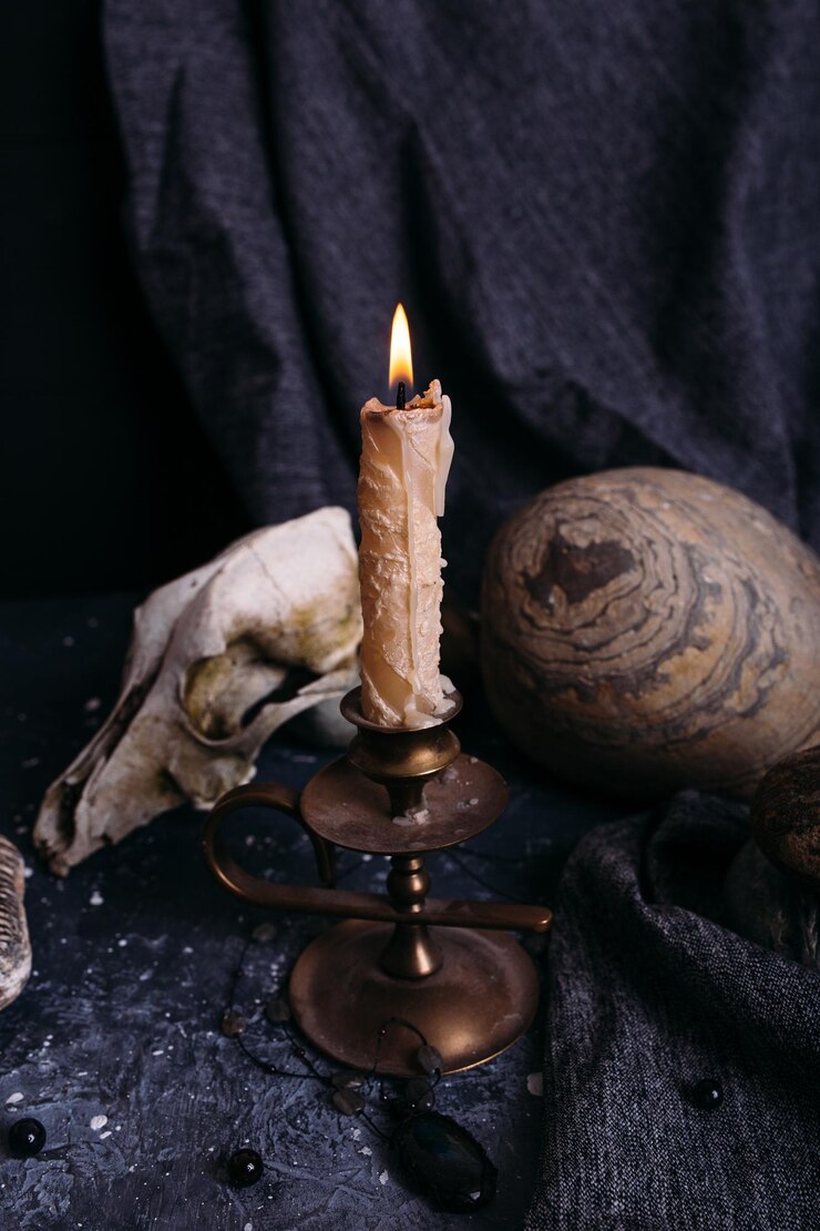 Photo vieux crâne de chien brûlant une bougie des runes en bois et des pierres sur la table de la sorcière