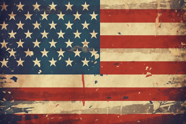 Un vieux drapeau américain usé, fané et usé avec les mots États-Unis d'Amérique dessus.
