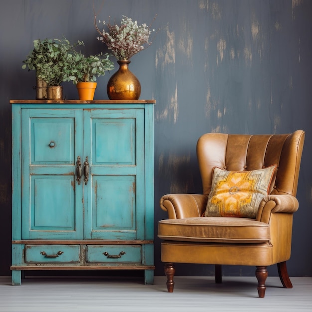 Photo vieux fauteuil antique près de bois turquoise armoire rétro avec vases décoratifs maison classique vintage