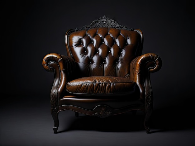 Vieux fauteuil en cuir sur fond noir ai génératif