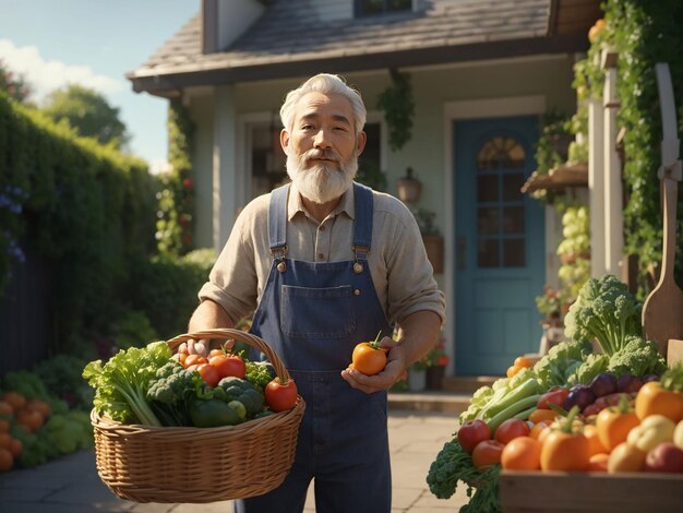 Un vieux fermier tient un panier de légumes. L'homme est debout dans le jardin.