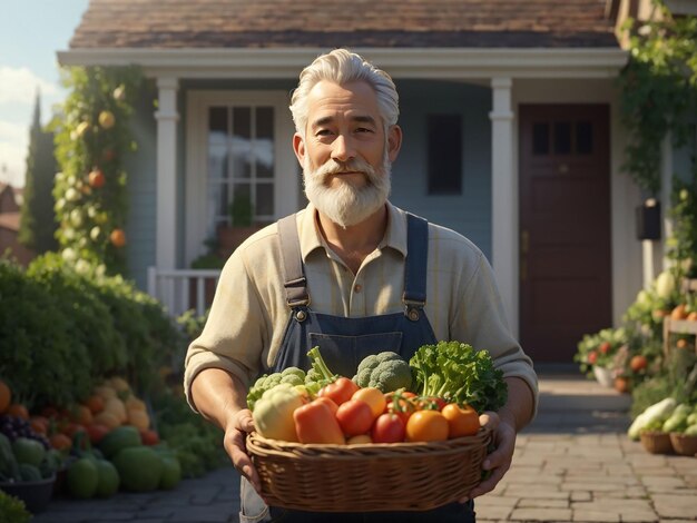 Un vieux fermier tient un panier de légumes. L'homme est debout dans le jardin.