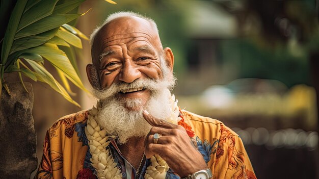 Un vieux homme hawaïen à la barbe heureuse a pris sa retraite à 60 ans.
