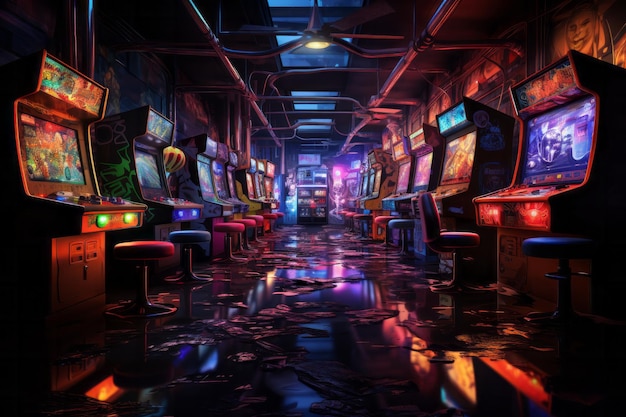 Photo vieux jeux vidéo d'arcade vintage dans une salle de jeu sombre vide avec une lumière bleue avec des écrans brillants et un beau design rétro sur une large photo de paysage photo de haute qualité