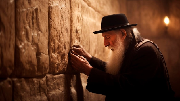 Vieux juif orthodoxe priant dans le mur occidental Generative AI
