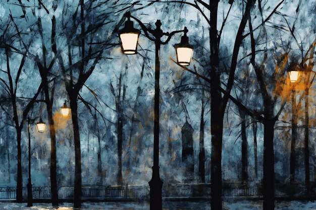 Vieux lampadaires dans le parc la nuit Illustration de peinture numérique