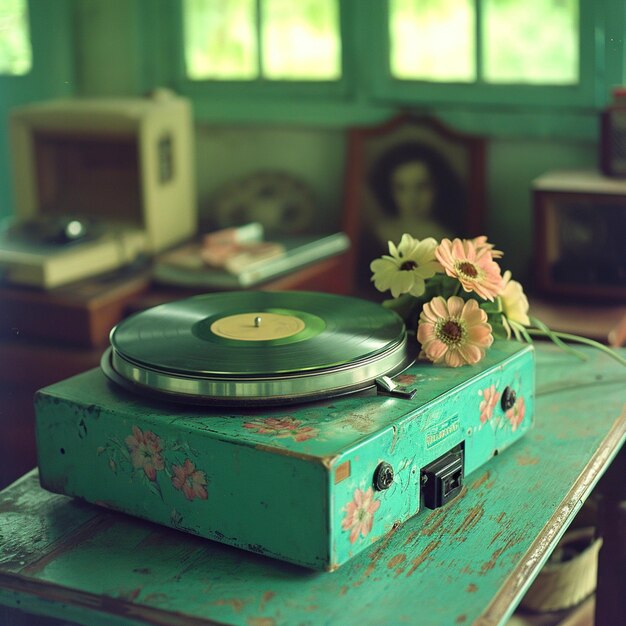 Photo un vieux lecteur de disques dans un gramophone classique rétro vintage