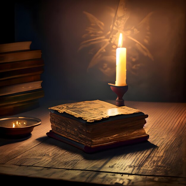 Photo vieux livre avec bougie sur une table en bois