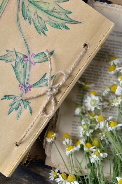 Vieux livre avec des fleurs sèches sur table close up