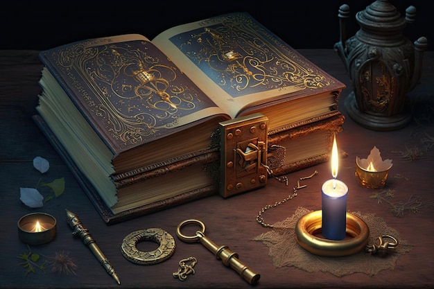 Un vieux livre mystique avec une serrure dorée et un fermoir sur la couverture entouré de bougies et d'encens