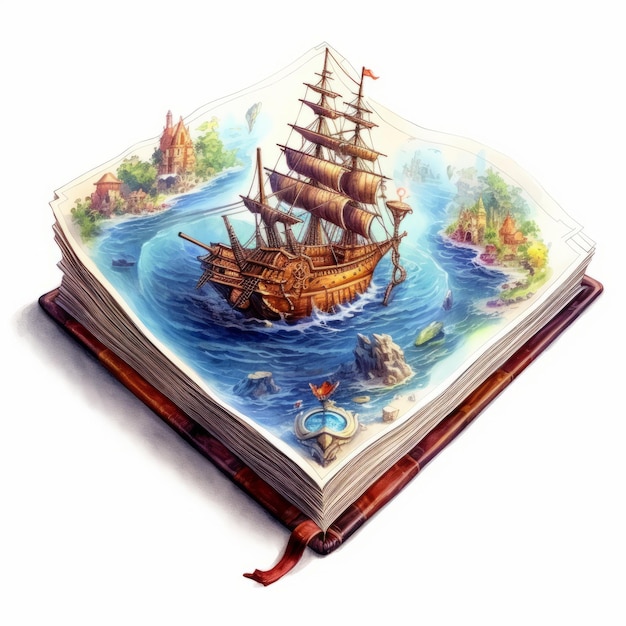 Vieux livre avec navire et volant sur un fond blanc