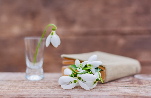 Vieux livre et perce-neige sur une table en bois