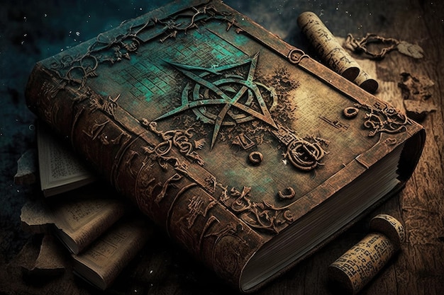 Un vieux livre usé et en lambeaux avec des symboles mystérieux et des runes sur la couverture