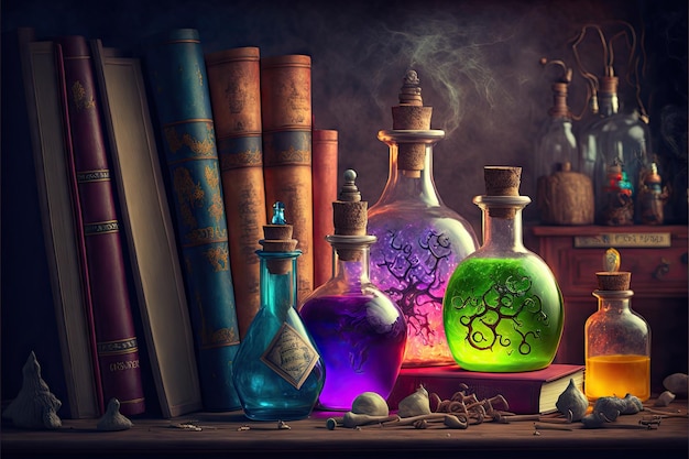 Vieux livres d'alchimie et bouteilles de potion colorées sur fond d'étagère créées avec une ai générative