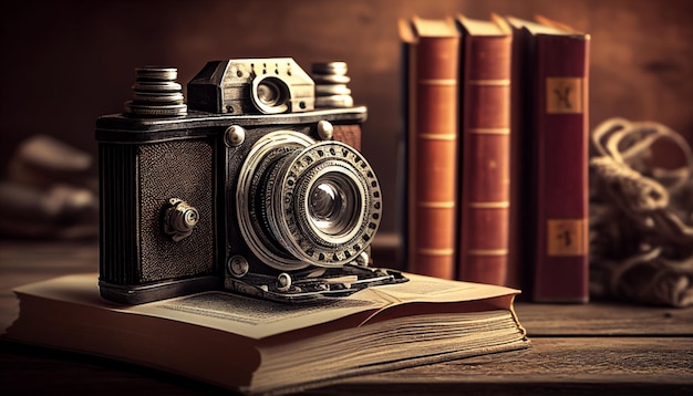 Vieux livres avec un appareil photo ancien appareil photo vintage sur un fond en bois avec des livres empilés Generative AI