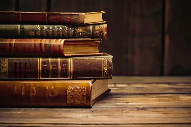 De vieux livres empilés sur un bureau en bois photographiés dans une étude faiblement éclairée avec une mise au point sélective