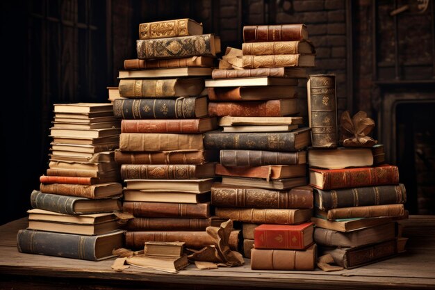 Les vieux livres sont empilés à table.
