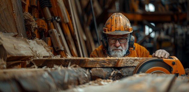 Un vieux maître charpentier travaillant dans sa menuiserie.