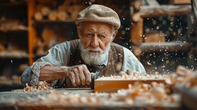 Un vieux maître charpentier travaillant dans sa menuiserie.