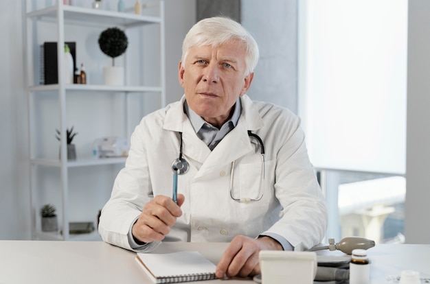 Photo vieux médecin de sexe masculin dans son bureau