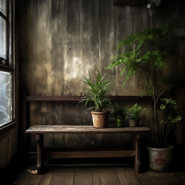Vieux meubles en bois vintage avec des plantes vertes Ai Generative