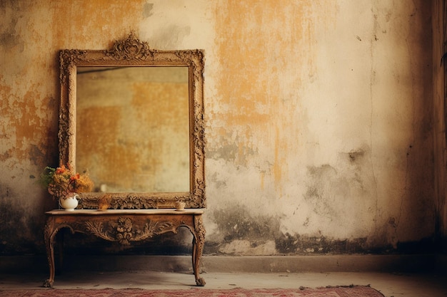 Photo vieux miroir doré antique suspendu dans une pièce vintage