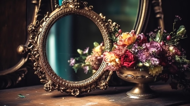 Photo vieux miroir vintage et fleurs générative ai