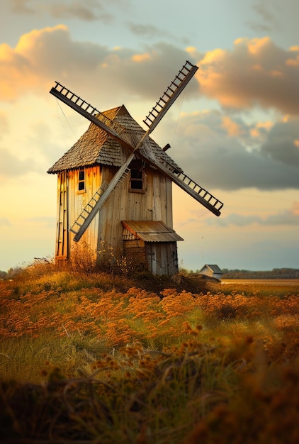 Vieux moulin à vent en bois sur le champ