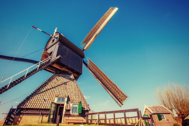 Vieux moulins à vent hollandais jaillissent du canal à Rotterdam. Hollande.