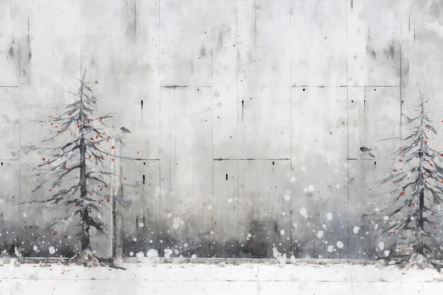 Photo vieux mur de béton avec arbre de noël et flocons de neige arrière-plan d'hiver