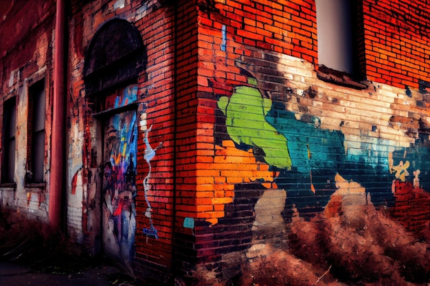 Un vieux mur de briques industrielles avec de la peinture écaillée et des graffitis ajoutant du caractère au bâtiment