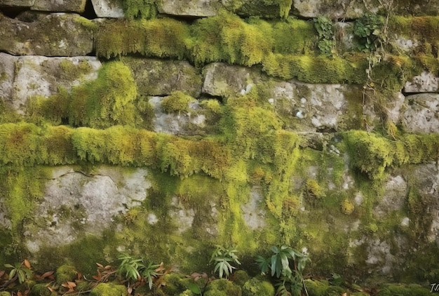 un vieux mur de pierre recouvert de mousse