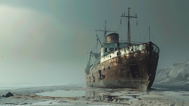 Un vieux navire abandonné est assis sur une plage. Le navire est rouillé et a de grands trous sur le côté. Le vaisseau est entouré de sable et d'eau.