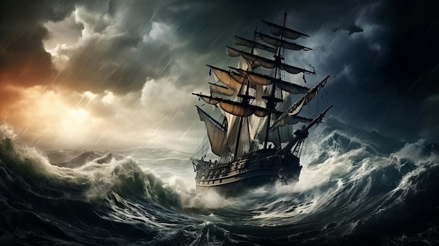 Un vieux navire navigue dans une mer orageuse