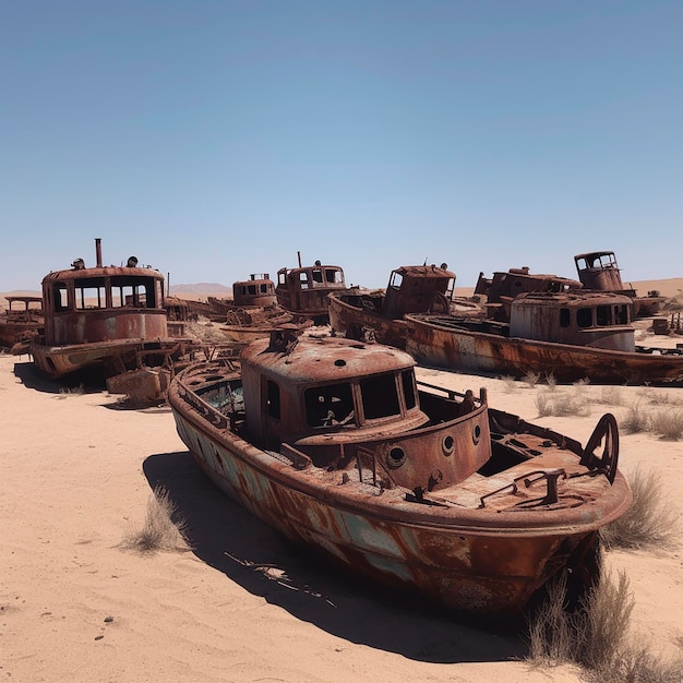 Photo vieux navires et barges rouillés dans le désert mer sèche changement climatique impact de l'homme sur la nature