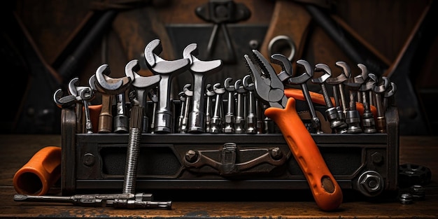 Vieux outils à main étalés sur une surface en acier usagée