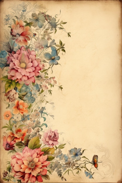 Photo vieux papier vintage avec des ornements et des fleurs ia générative