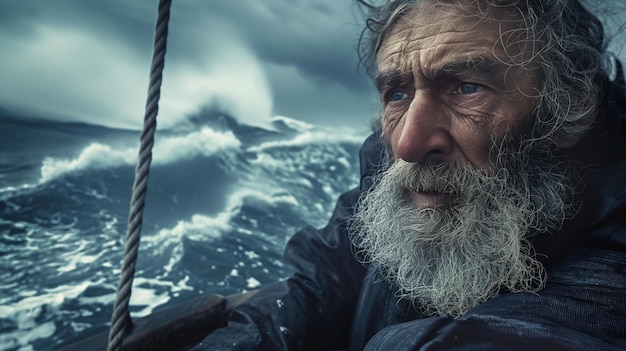 Vieux pêcheur barbu prenant son bateau en mer pendant une tempête dans le portrait de l'océan