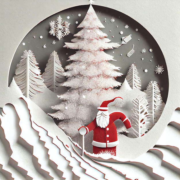 Vieux Père Noël barbu original dans les bois d'hiver Artisanat de Noël en papier Un concept de vacances d'hiver