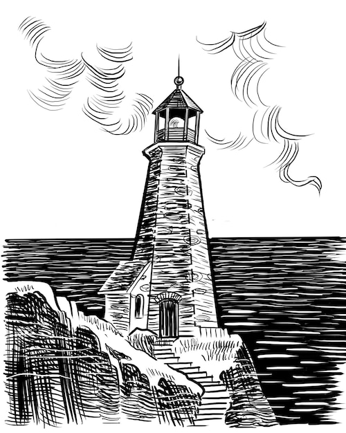 Photo vieux phare au bord de la mer illustration en noir et blanc dessinée à la main dans le style rétro